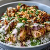 Succulent sautéed chicken and crisp vegetables sit atop fluffy coconut rice, all drizzled with creamy peanut sauce for this vibrant Peanut Chicken Protein Bowl.