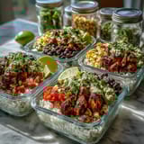 Lunch is ready to go with a partitioned Meal Prep Burrito Bowl Base featuring seasoned chicken, black beans, and vibrant toppings.