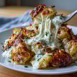 Creamy Au Gratin Potatoes: golden, bubbly cheese over tender potato layers baked in rich cream sauce.  