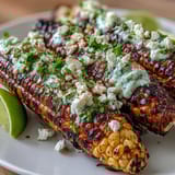 Smoky grilled corn elote style topped with tangy sauce, crumbled cheese, and fresh cilantro for a bold summer side.