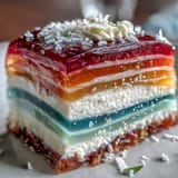 Glistening, multi-hued agar-agar jelly cake swirled with smooth, white coconut cream.