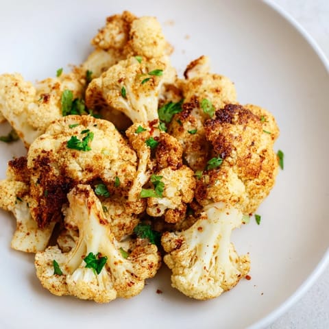 Golden roasted cauliflower florets tossed with olive oil and spices, served on a rustic plate.