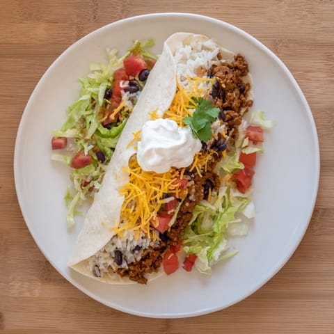 The large Beef Burrito is garnished with fresh lettuce, diced tomatoes, and a dollop of sour cream.