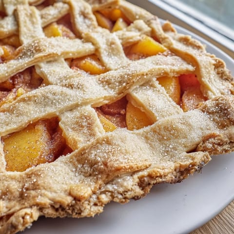 A slice of classic homemade Peach Pie sits on a plate next to a scoop of vanilla ice cream, showing a golden crust and bubbling, sweet peach filling.