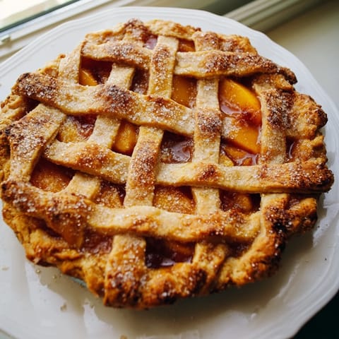Freshly baked Peach Pie with a flaky, golden-brown crust and visible cinnamon-dusted peach slices, served warm on a rustic wooden table.