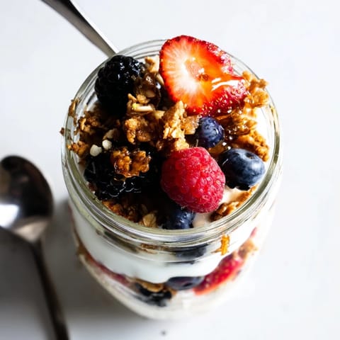 Topped with a spoonful of mixed berries and drizzled honey, ready for a sweet breakfast treat.