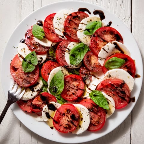 Serving plated Caprese Salad as a light appetizer, topped with fresh basil leaves and a sprinkle of sea salt and black pepper.