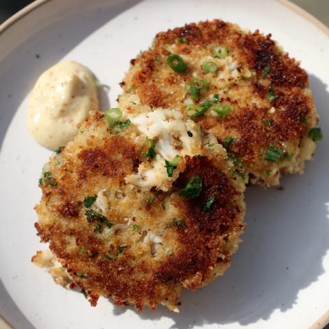 Delicately shaped Crab Cakes feature visible herbs and breadcrumbs, pan-fried to a crispy finish.