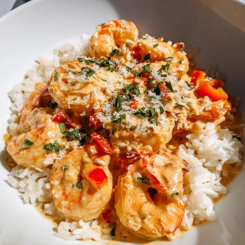 Creamy Cajun shrimp rice bowl featuring plump shrimp in a spicy cream sauce over fluffy jasmine rice.  