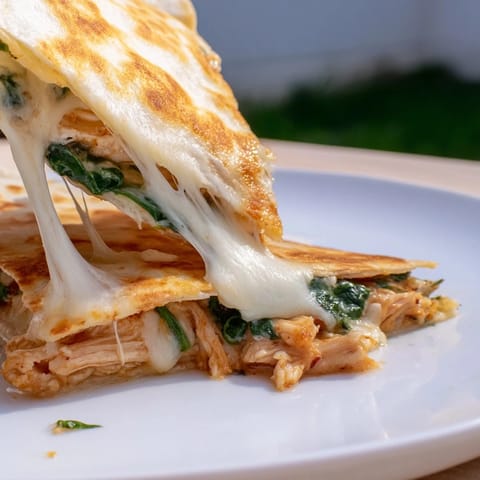 A close-up of a Chicken and Spinach Quesadilla, revealing tender spinach and juicy chicken tucked inside a golden-brown flour tortilla.
