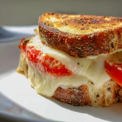 A close-up of a grilled pepper jack and tomato sandwich, cut diagonally to reveal gooey, spicy cheese and ripe tomato.  