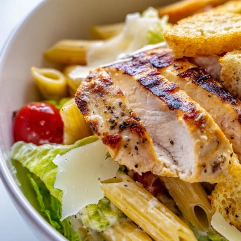 Tender grilled chicken, penne pasta, and crunchy romaine tossed in Caesar dressing, served warm in a hearty pasta bowl with croutons.