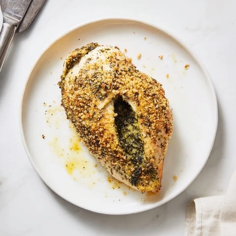 Golden baked Mozzarella & Pesto Stuffed Chicken breasts oozing melted cheese and vibrant green pesto filling on a white plate.  