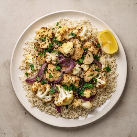 A close-up of the Roasted Cauliflower Chicken Sheet Pan meal, showing juicy chicken, tender veggies, and a bright squeeze of lemon.  