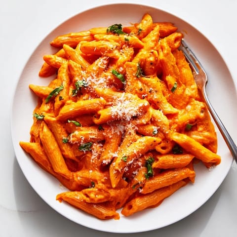 Steaming skillet of Creamy Roasted Red Pepper Pasta tossed with olive oil and topped with grated Parmesan.