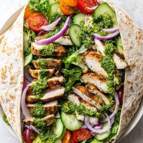 Freshly prepared Chimichurri Chicken Salad Wrap on a wooden board, overflowing with crisp cucumber, tomato, and bright herbaceous sauce.