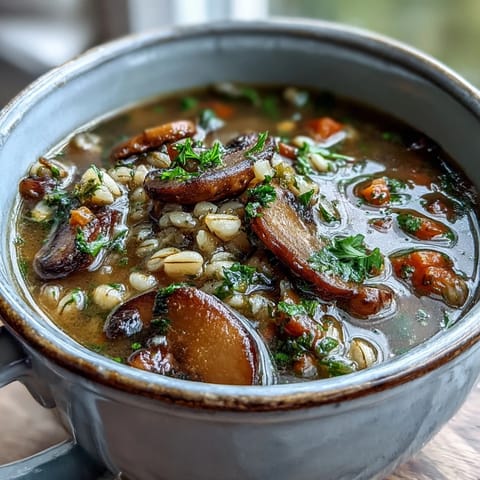 Warm mushroom and barley soup, rich with earthy flavors and tender grains.