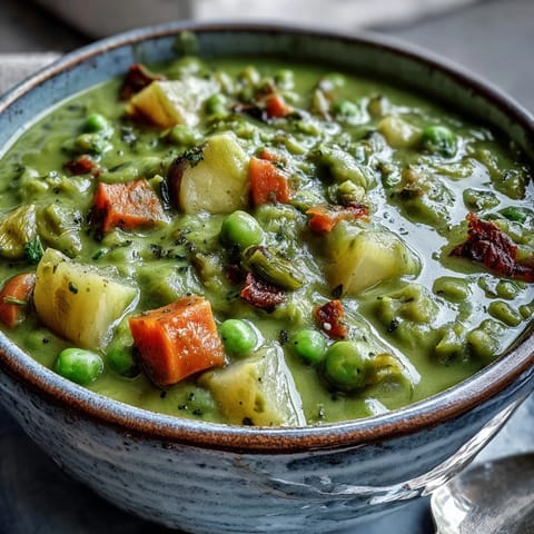 Golden split pea soup, packed with vegetables, ready to be served generously.