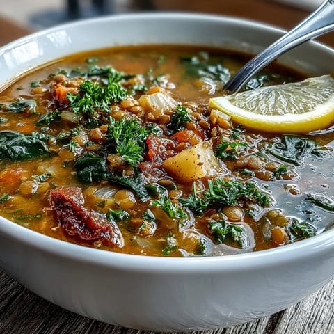 Rich lentil and vegetable soup, generously seasoned, garnished with fresh herbs.