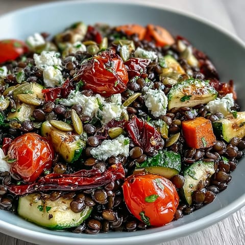 Spoonful of black lentil salad topped with feta and toasted pumpkin seeds ready to serve.