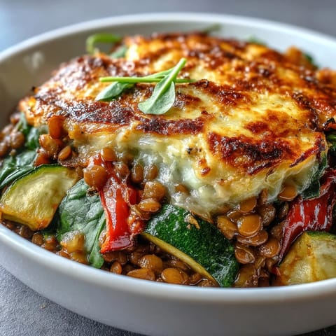 Hearty Green Lentil and Vegetable Casserole with vibrant carrots, zucchini, and cherry tomatoes on a rustic wooden table.