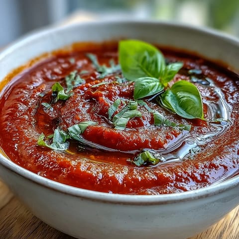 Creamy Tomato and Basil Soup garnished with fresh basil and a drizzle of olive oil, served steaming in a rustic bowl.