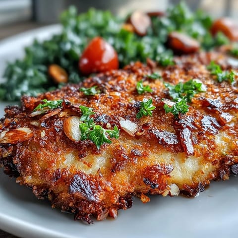 Crunchy almond and Parmesan coated chicken rests on a plate next to a fresh marinated kale salad with toasted almonds.