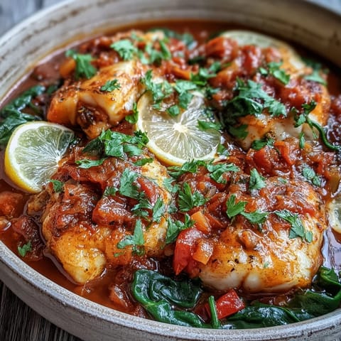 Tender cod fillets nestled in a golden Spiced Cod One Pot, surrounded by wilted spinach and colorful vegetables, ready to be served.