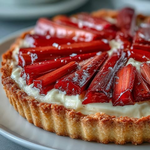 Close-up of a slice of Rhubarb, White Chocolate, and Elderflower Tart on a white plate, showing creamy custard and roasted rhubarb.