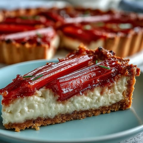 A whole Rhubarb, White Chocolate, and Elderflower Tart topped with pink rhubarb batons, ready to slice for dessert.