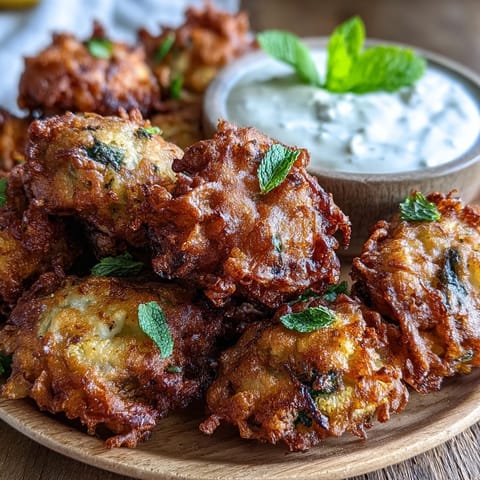 Golden-brown Cauliflower Bhajis fritters, crispy and served with a mint yogurt dip.