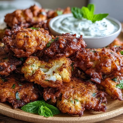 Cauliflower Bhajis are stacked on a plate next to a small bowl of green dip.