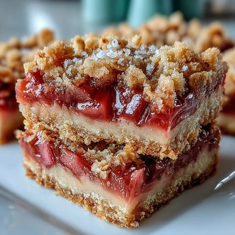 Freshly baked Rhubarb and Custard Crumble Bars show tangy red rhubarb and creamy vanilla custard with a golden oat topping. 