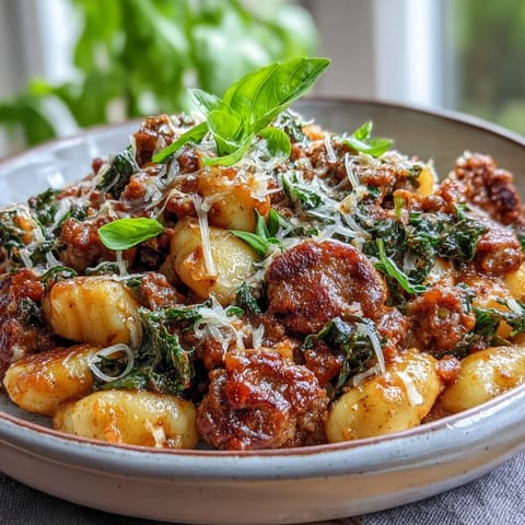 Steaming gnocchi tossed in spicy sausage sauce with wilted kale and diced tomatoes.