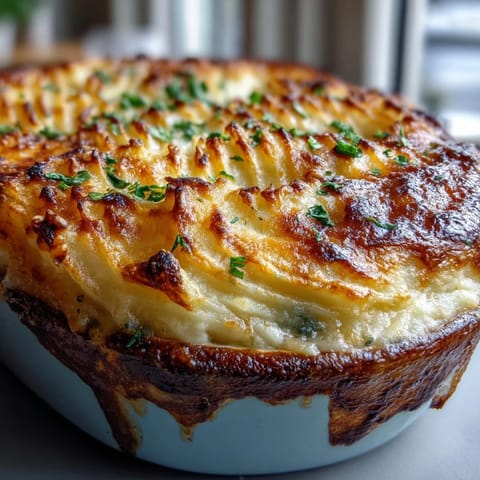 A steaming slice of curried fish pie reveals flaky white fish, shrimp, and peas in a golden curry sauce.