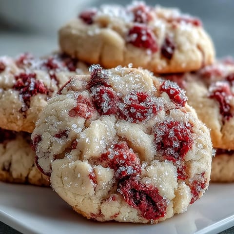 Warm Soft Chewy Raspberry Sugar Cookies show a sparkly sugar crust beside a glass of milk for dunking. 