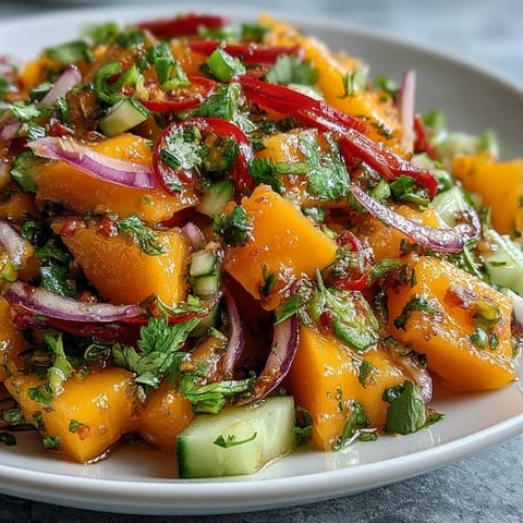 Refreshing Mango Salad with Lime Dressing features juicy mango strips, crisp red bell peppers, and cucumber tossed with fresh cilantro on a white plate.