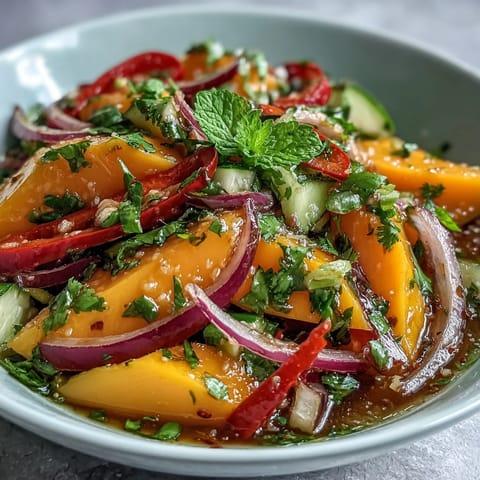 Bright and tangy, this Refreshing Mango Salad with Lime Dressing is garnished with spicy Thai chilies, perfect for a vibrant summer lunch.