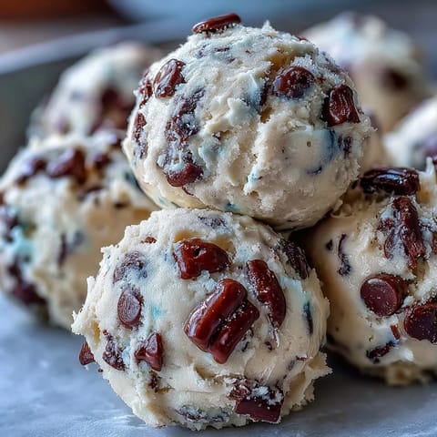 Freshly mixed Greek Yogurt Cookie Dough is packed with mini chocolate chips in a glass bowl with a wooden spoon.