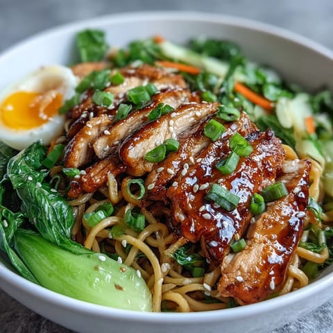 Vibrant bok choy, carrots, and sesame seeds top these Healthy Miso Chicken Noodle Bowls, served alongside a soft-boiled egg.