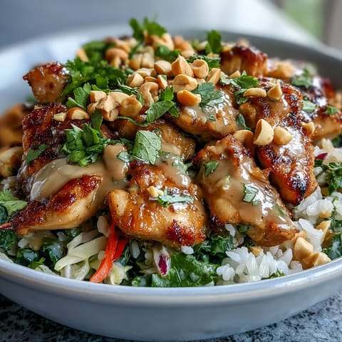 This colorful Peanut Chicken Protein Bowl features julienned carrots and chopped peanuts, ready for a creamy Thai-inspired peanut sauce drizzle over the bed of rice.