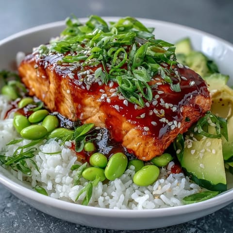 Flaky glazed salmon and crisp cucumber slices atop fluffy jasmine rice in a vibrant Honey Sriracha Salmon Bowl.