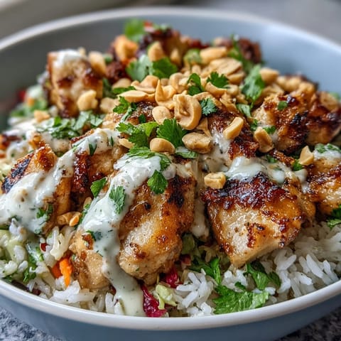 Succulent sautéed chicken and crisp vegetables sit atop fluffy coconut rice, all drizzled with creamy peanut sauce for this vibrant Peanut Chicken Protein Bowl.