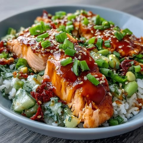 Flaky baked salmon rests on jasmine rice beside a vibrant cucumber-edamame salsa, all drizzled with creamy bang bang sauce. 