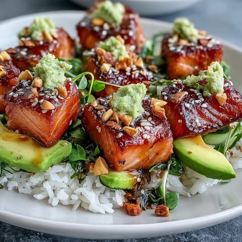 Golden-brown seared salmon cubes rest on fluffy sushi rice, topped with creamy sliced avocado, crisp cucumber, and fresh spring onions in a vibrant bowl.