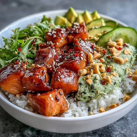 Ready-to-eat Avocado Salmon Bowl showcases drizzled chili oil and a dollop of green wasabi paste, garnished with chopped peanuts and sesame seeds for texture.