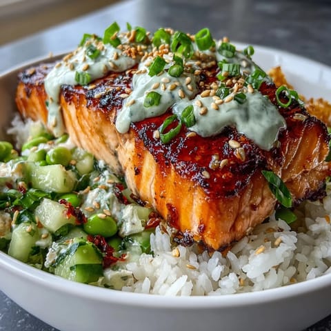 Freshly prepared Bang Bang Salmon Bowl topped with sesame seeds and lime wedges for bright flavor.