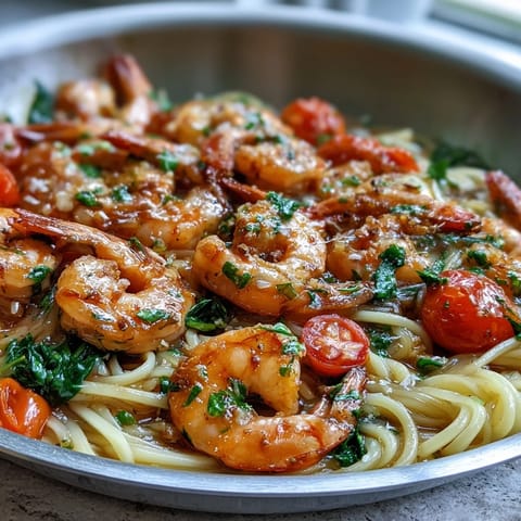 Vibrant spring pasta dish with tender shrimp, snap peas, and zucchini simmered in a savory garlic broth with angel hair.  