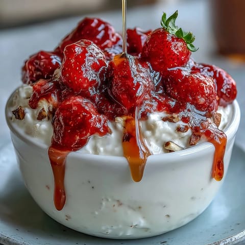 Fresh strawberry compote swirls over creamy Greek yogurt with crunchy nuts and honey drizzle in this vibrant breakfast bowl.  