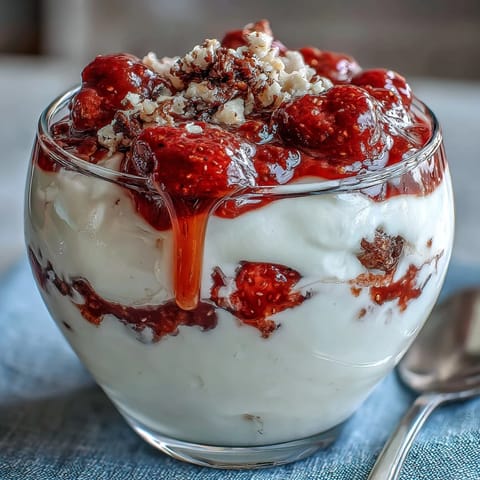 Velvety Greek yogurt topped with warm strawberry compote, toasted nuts, and golden honey creates a refreshing morning treat.  